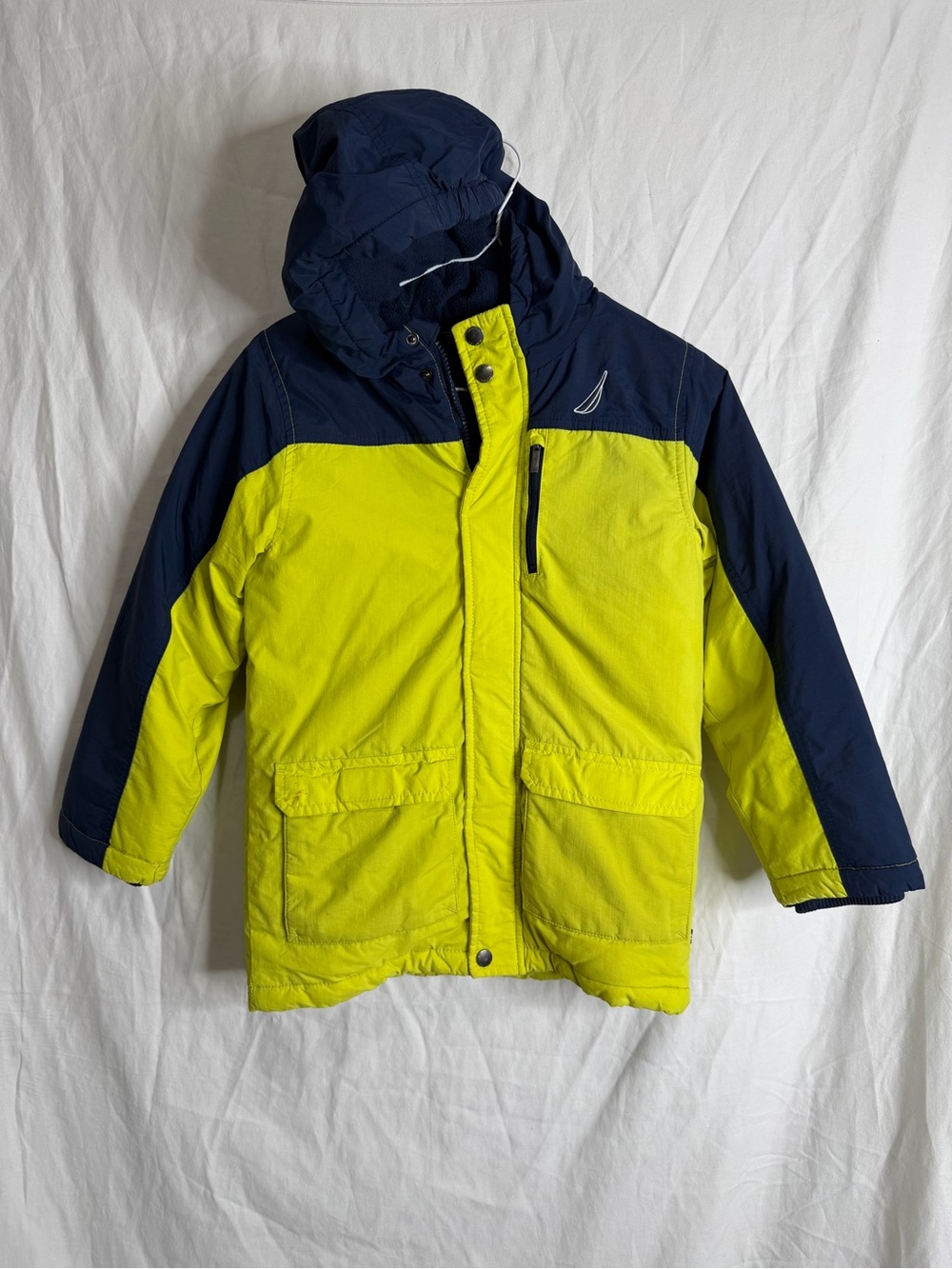 Nautica Boys Colorblock Puffer Jacket Hooded Heavy Coat Yellow Navy Size 7 (XL)